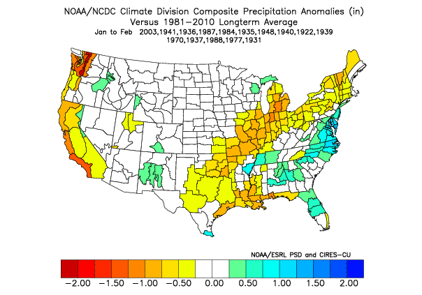 Jan - Feb precipitation anomalies following greatly positive PDO Decembers