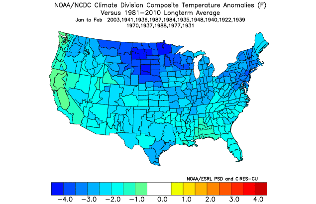 Jan - Feb temperature anomalies following greatly positive PDO Decembers