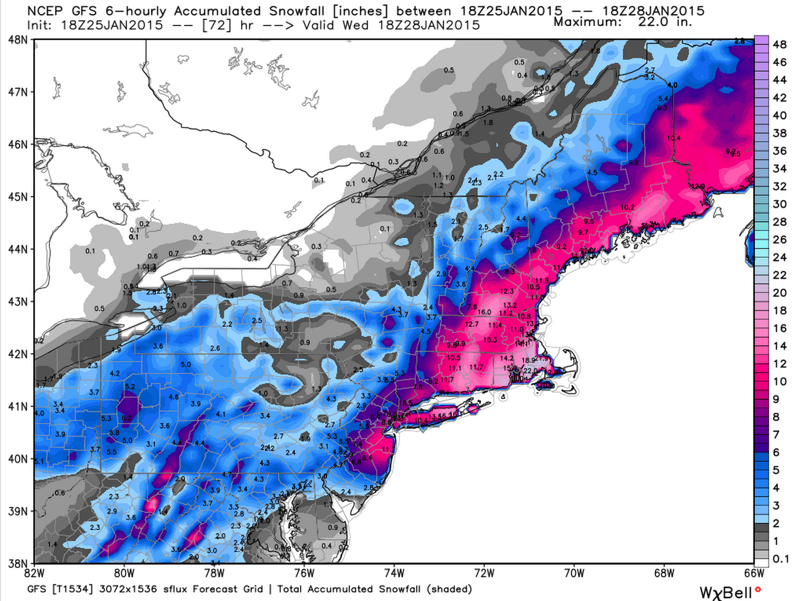 GFS snowfall forecast, much lower for NYC than current NWS forecast | WeatherBell Analytics