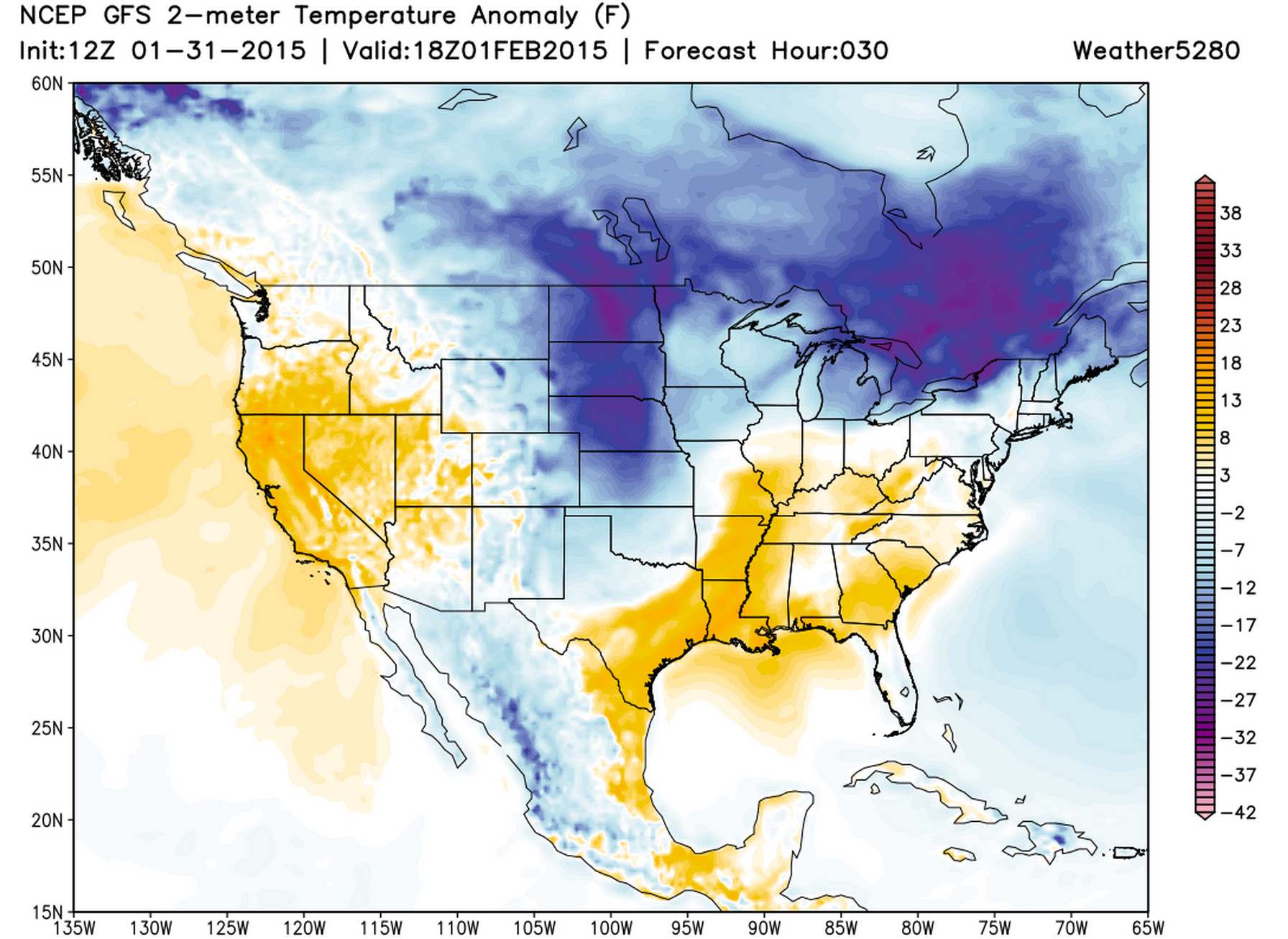 GFS 2-meter temperature anomalies Sunday | Weather5280 Models