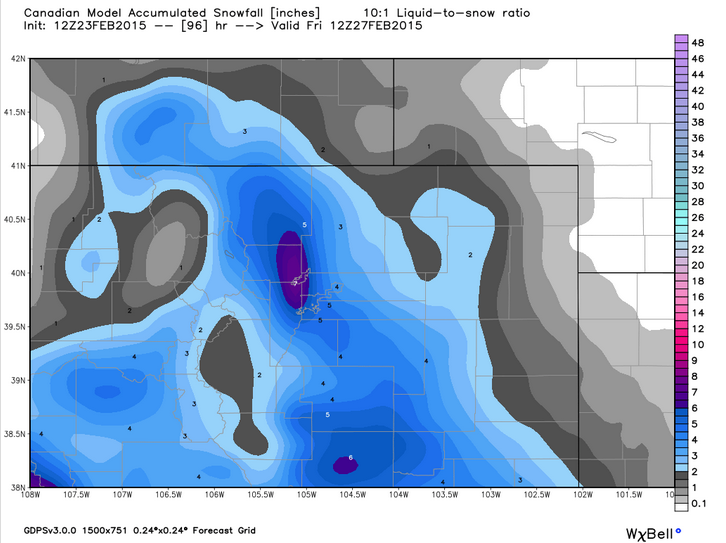 12z GEM Snowfall through 5am Friday | WeatherBell Models