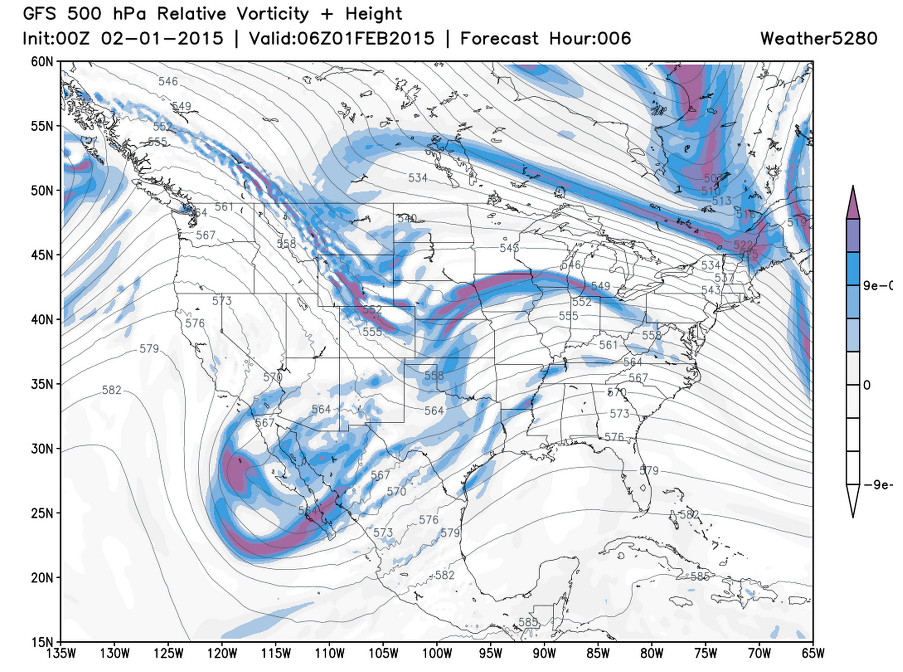 GFS 500 hpa relative vorticity valid last night with jet screaming overhead | Weather5280 Models