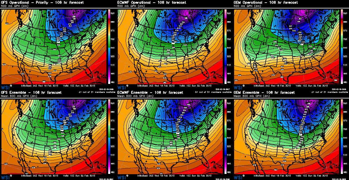 Comparison of 500H pattern of GFS, ECM, GEM and their ensembles at 5am Sunday morning | WSI