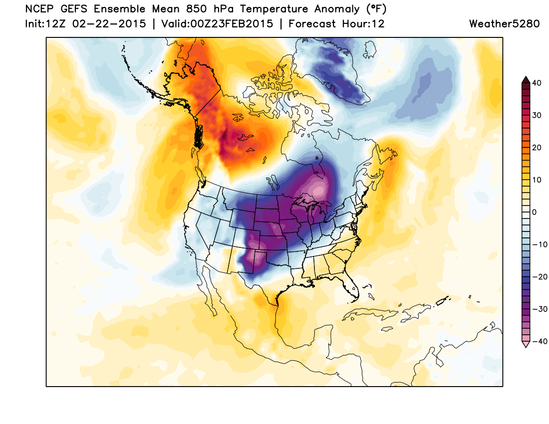 Forecast 850 temperature anomalies Sunday evening, well below normal across eastern Colorado | Weather5280 Models
