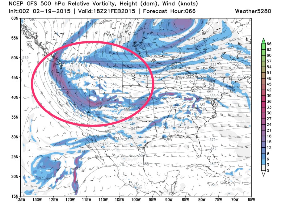 GFS 500 hPa relative vorticity and wind Saturday | Weather5280 Models