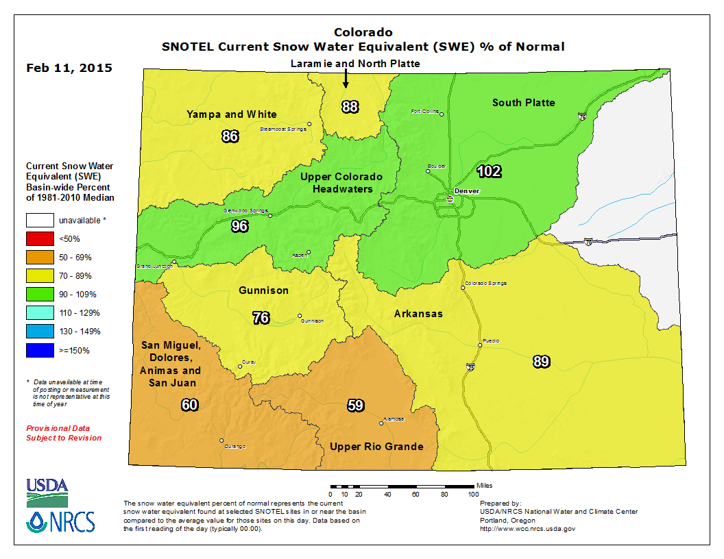 Colorado SNOTEL SWE map | Feb 11, 2015