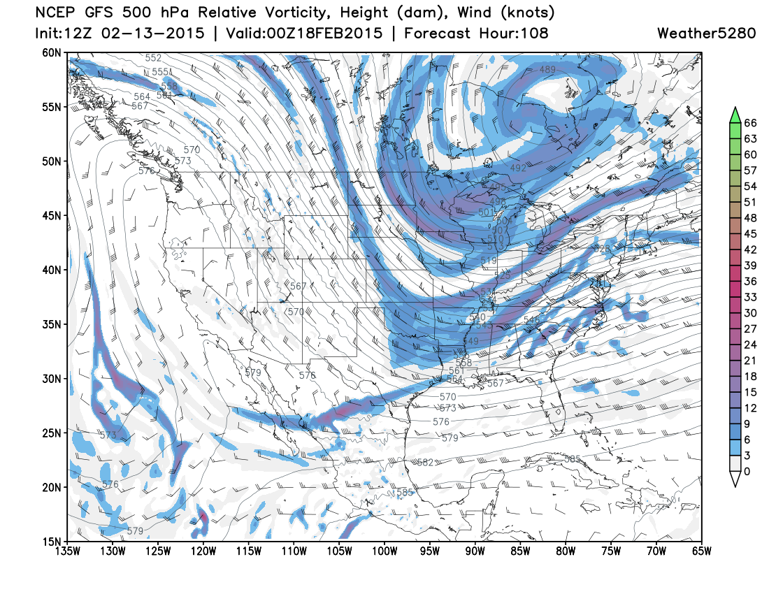 GFS 500 hPa Relative Vorticity & Wind Tuesday | Weather5280 Models