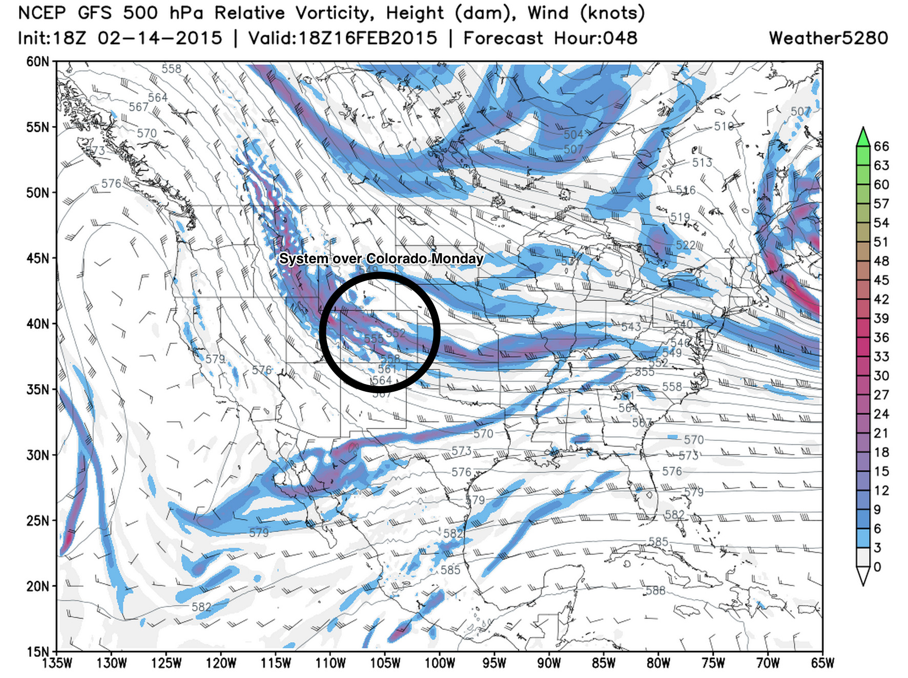 GFS 500 hPa 18z Mon | Relative vorticity and wind | Weather5280 Models