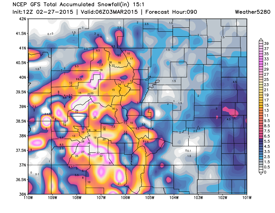 GFS accumulated snowfall (15:1) | Weather5280 Models