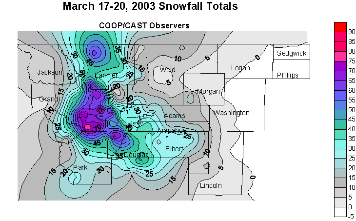 Northeast Colorado snowfall totals March 17-20, 2003