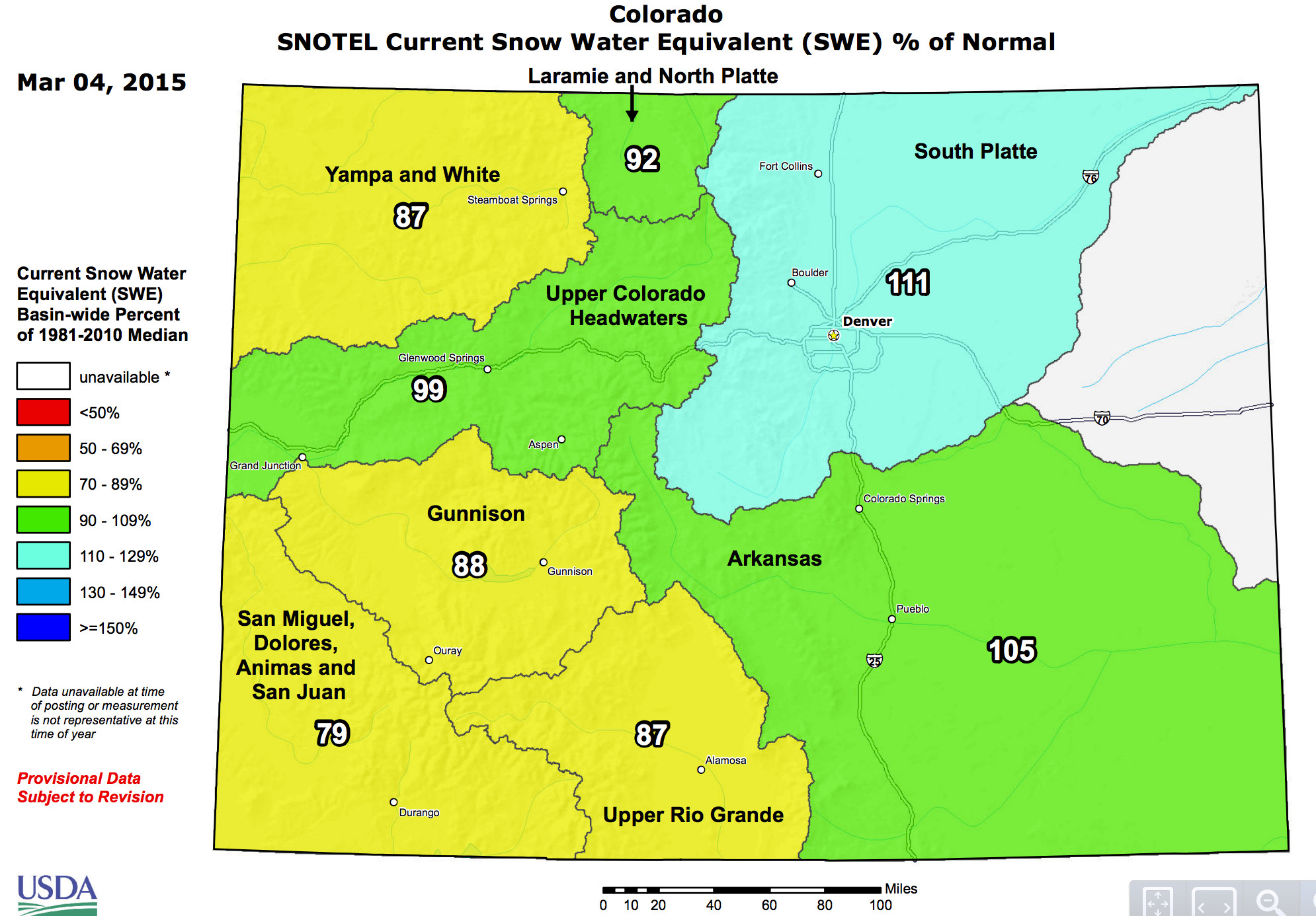 Colorado SNOTEL SWE map | Mar 04, 2015