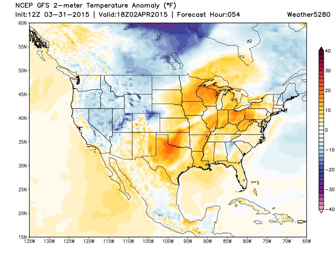 Thursday morning temperature anomaly forecast (red warmer than normal, blue colder than normal). Note colder air moving into northeast Colorado. | Weather5820 Models