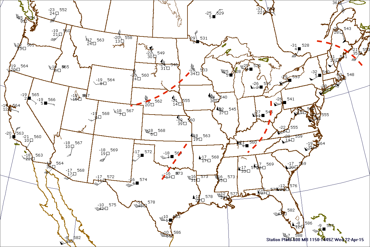 500 mb observations with shortwave trough axes plotted