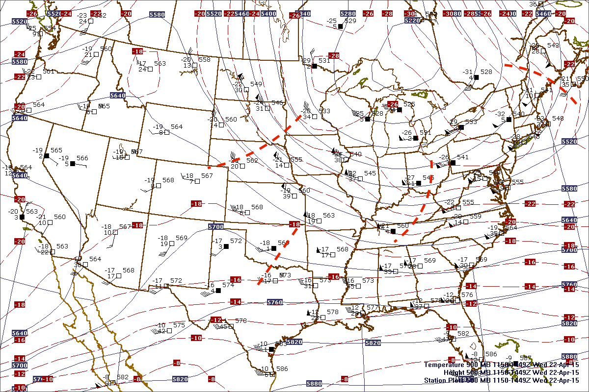 500 mb heights and temperature contour along with UA observation