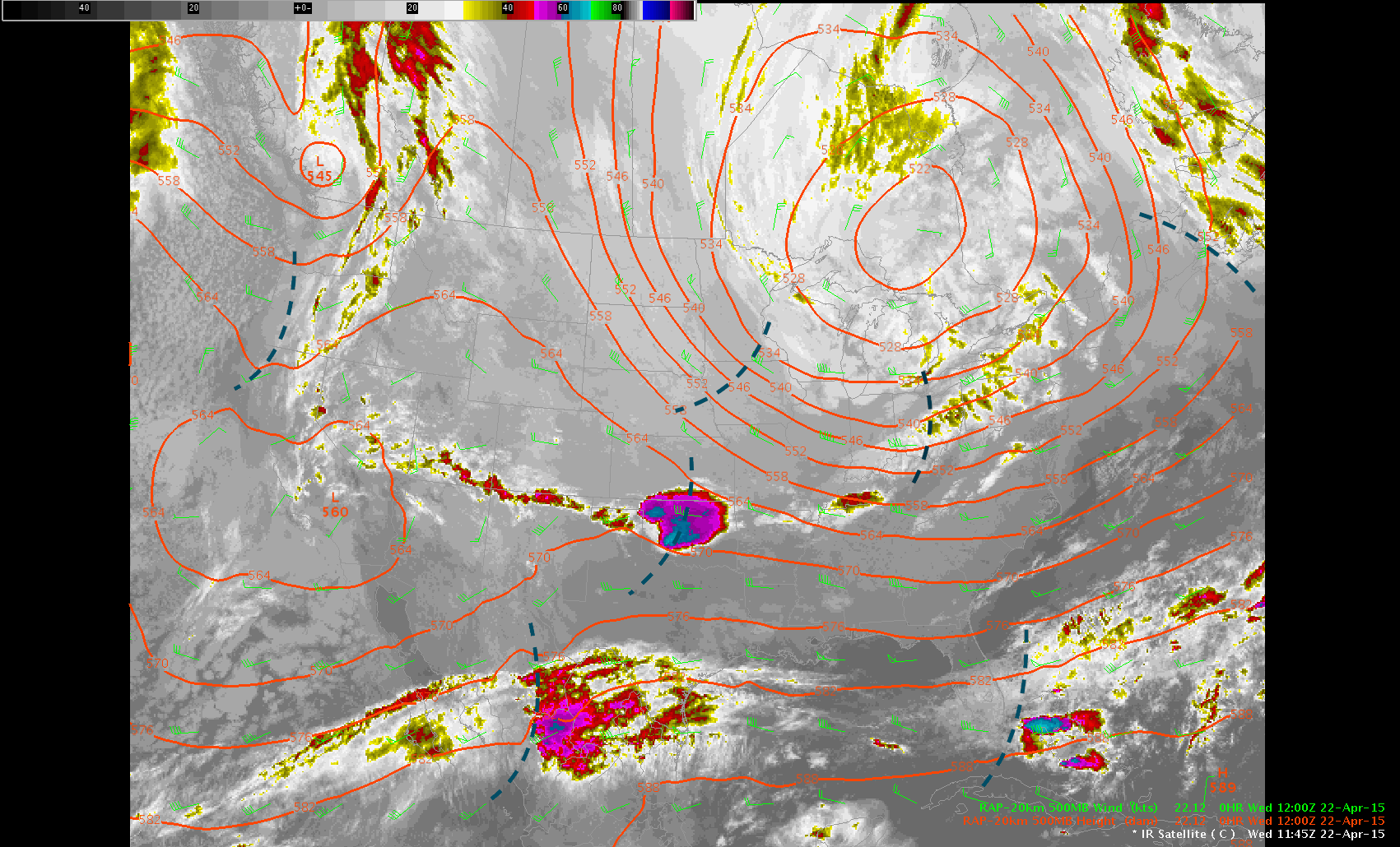 500mb temp and wind barbs from RAP analysis with shortwave trough axes plotted along with the corresponding infrared satellite imagery