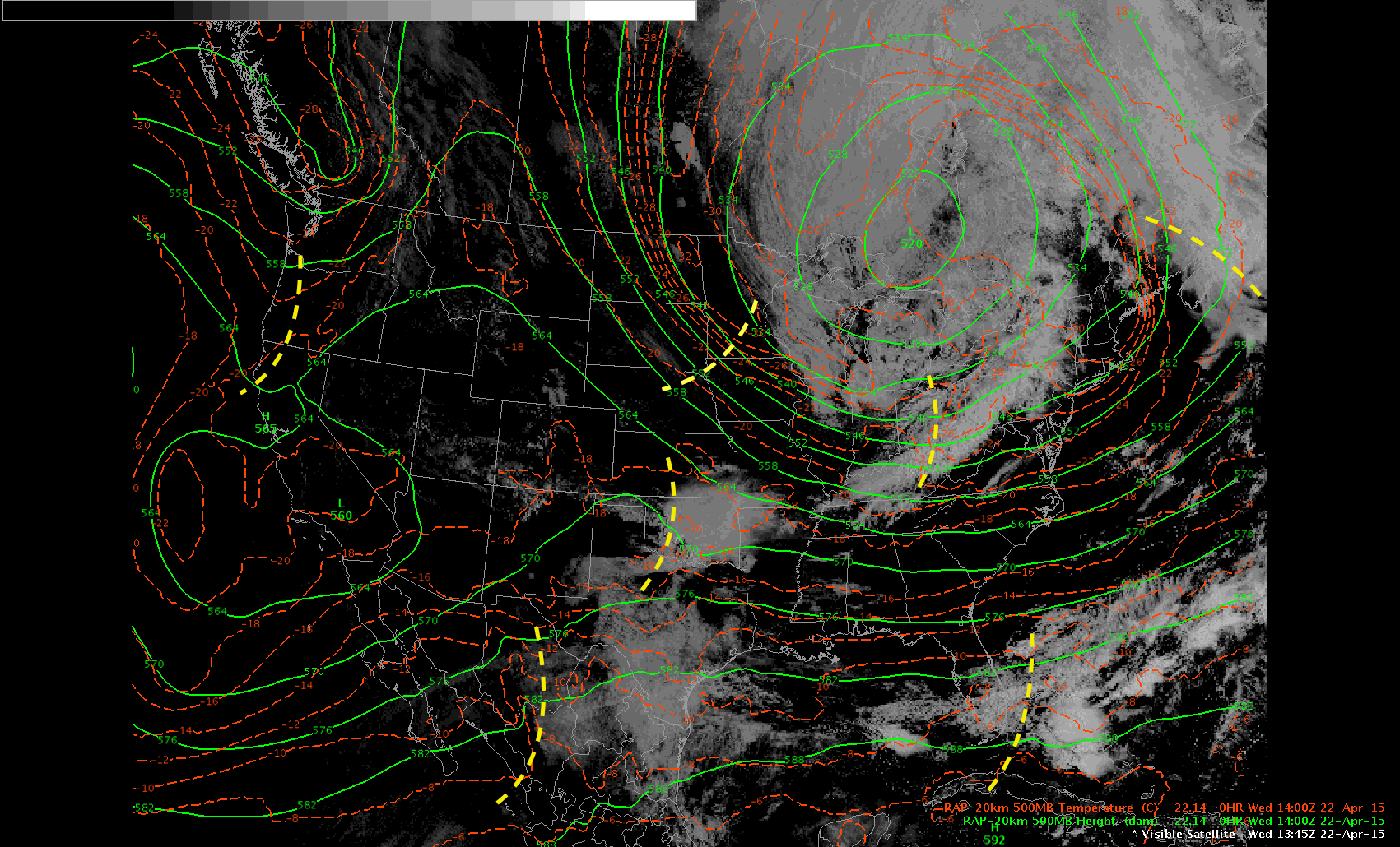 500mb temp and height from RAP analysis with shortwave trough axes plotted along with the corresponding visible satellite imagery 