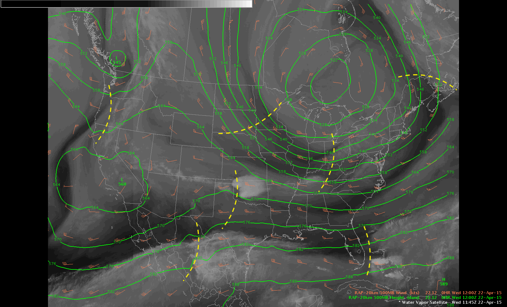 500mb temp and wind barbs from RAP analysis with shortwave trough axes plotted along with the corresponding water vapor satellite imagery