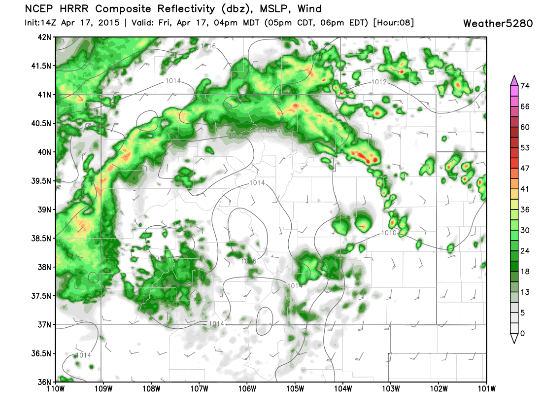 HRRR projected reflectivity, MSLP, Wind via @Weather5280