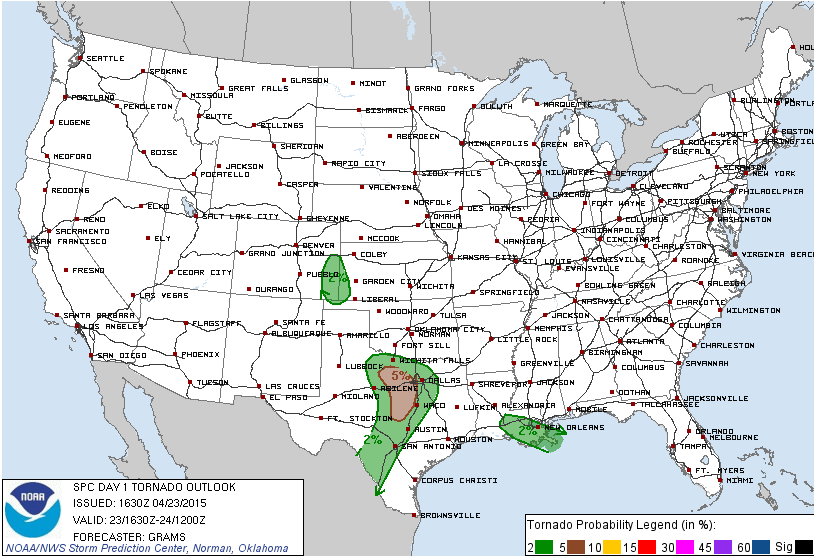 SPC Tornado Outlook for Thursday