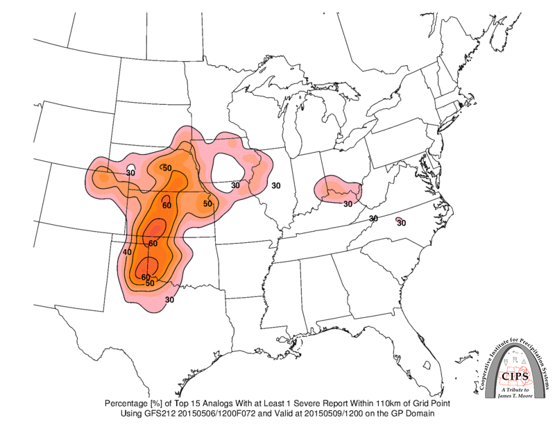 Percentage of top analogs with at least 1 severe report with 110km of grid point | CIPS Analogs
