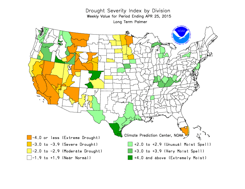 Palmer Drought Index by Division | April 25, 2015