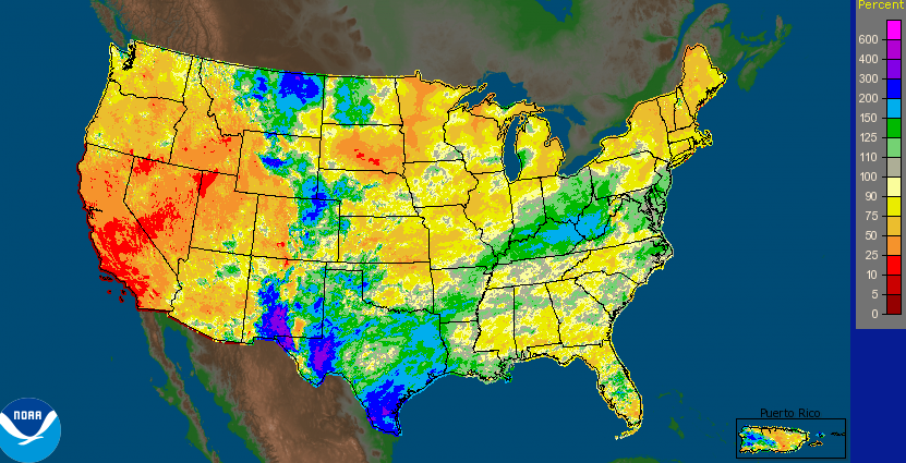 Year to date precipitation departure from normal (%) NWS