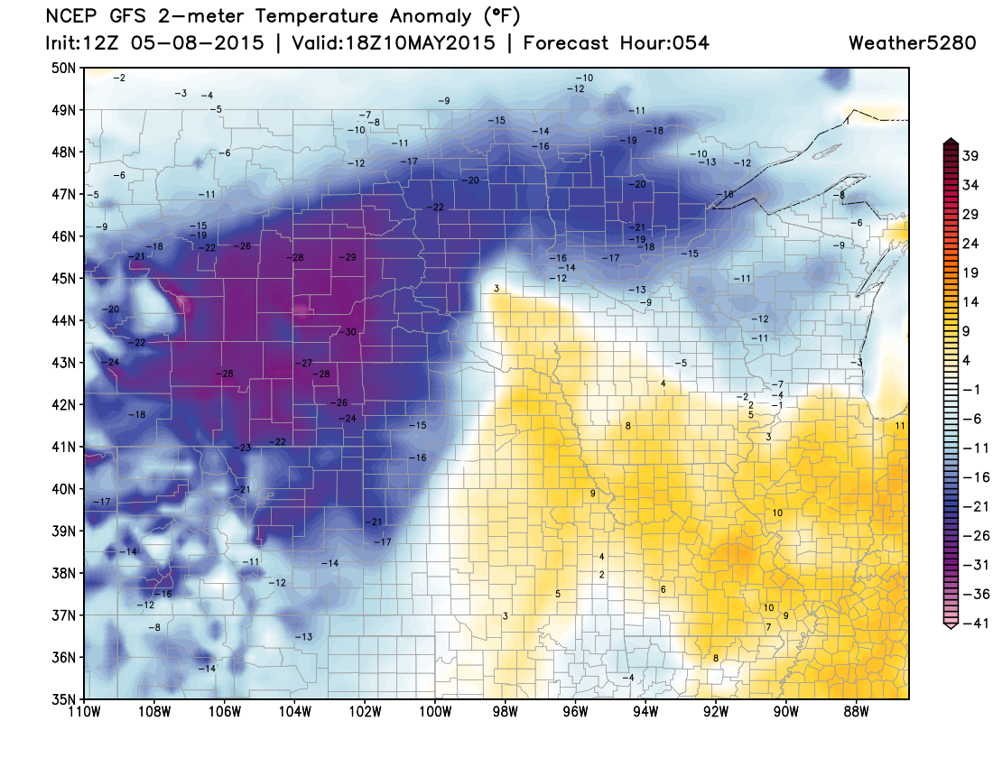 Two meter temperature anomaly forecast (departure from normal) Sunday | Weather5820 Models