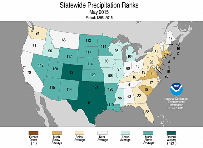 NOAA statewide precipitation ranks for May, 2015