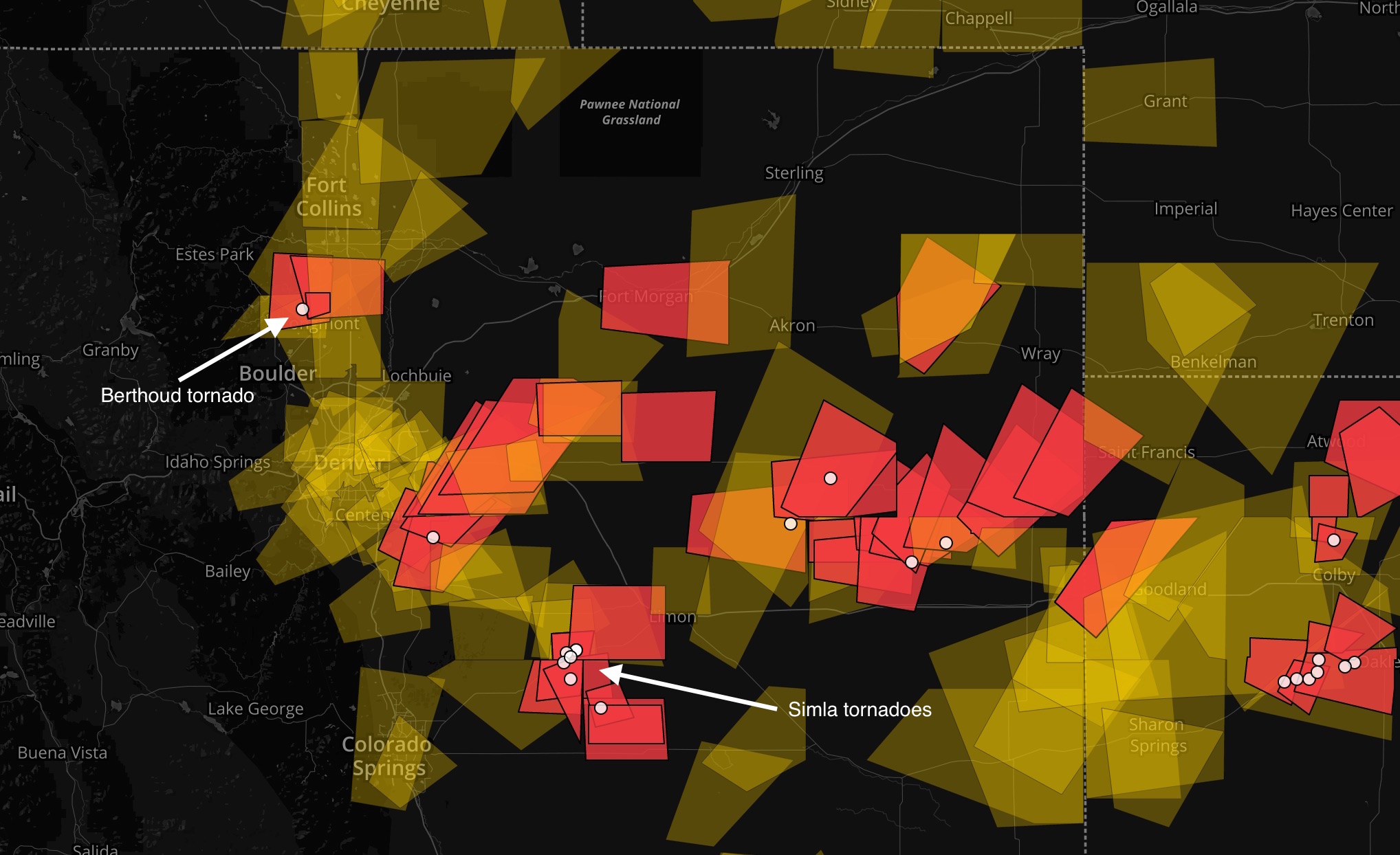 Severe thunderstorm and tornado warning polygons for first week of June, 2015 across eastern Colorado