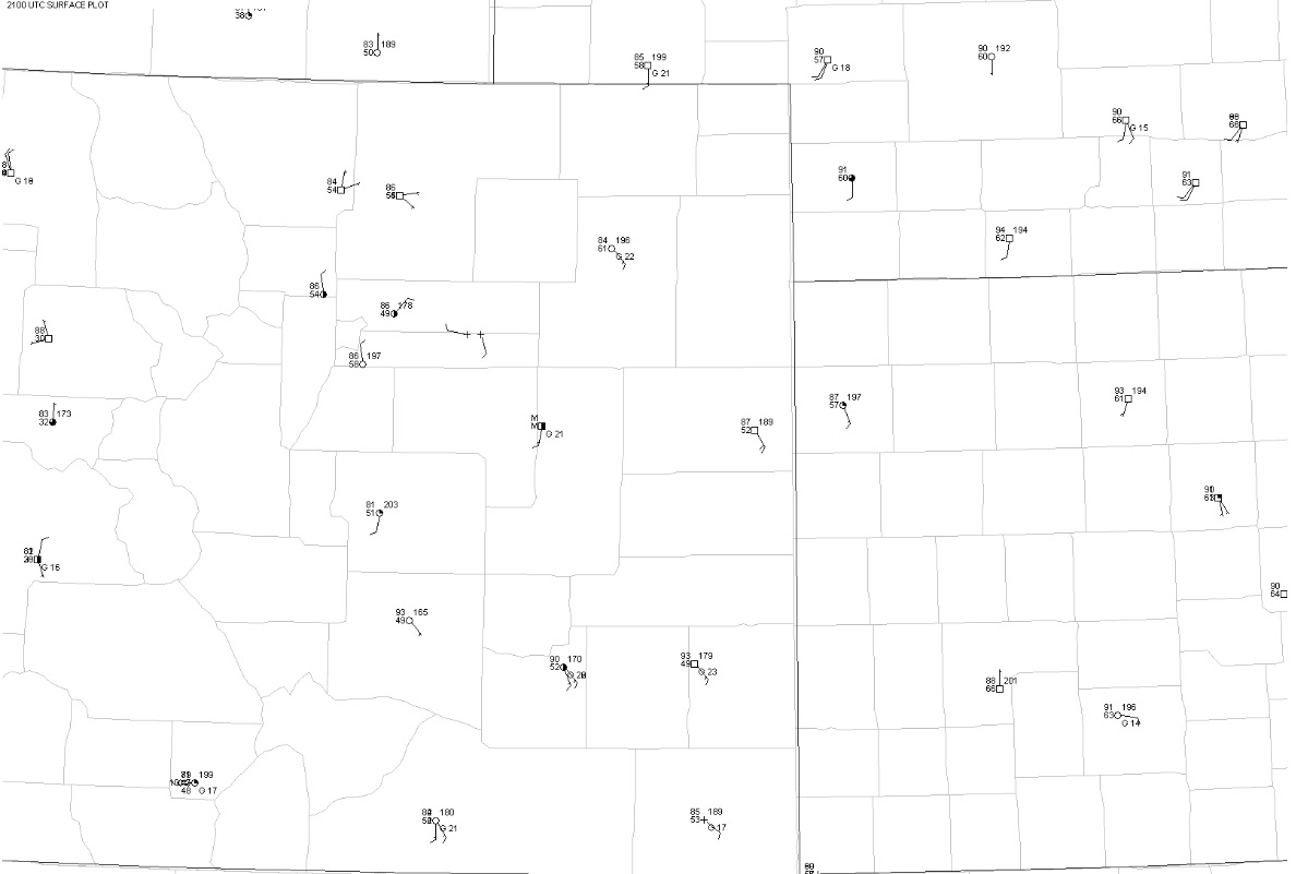 Surface plots showing temperature, dew point, sea-level pressure, and wind speed/direction. Source: Al Pietrycha, Drs. Bruce Lee and Paul Markowski