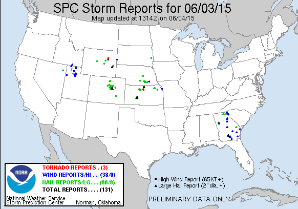 Wednesday storm reports | 40 hail in Colorado, one >2" diameter