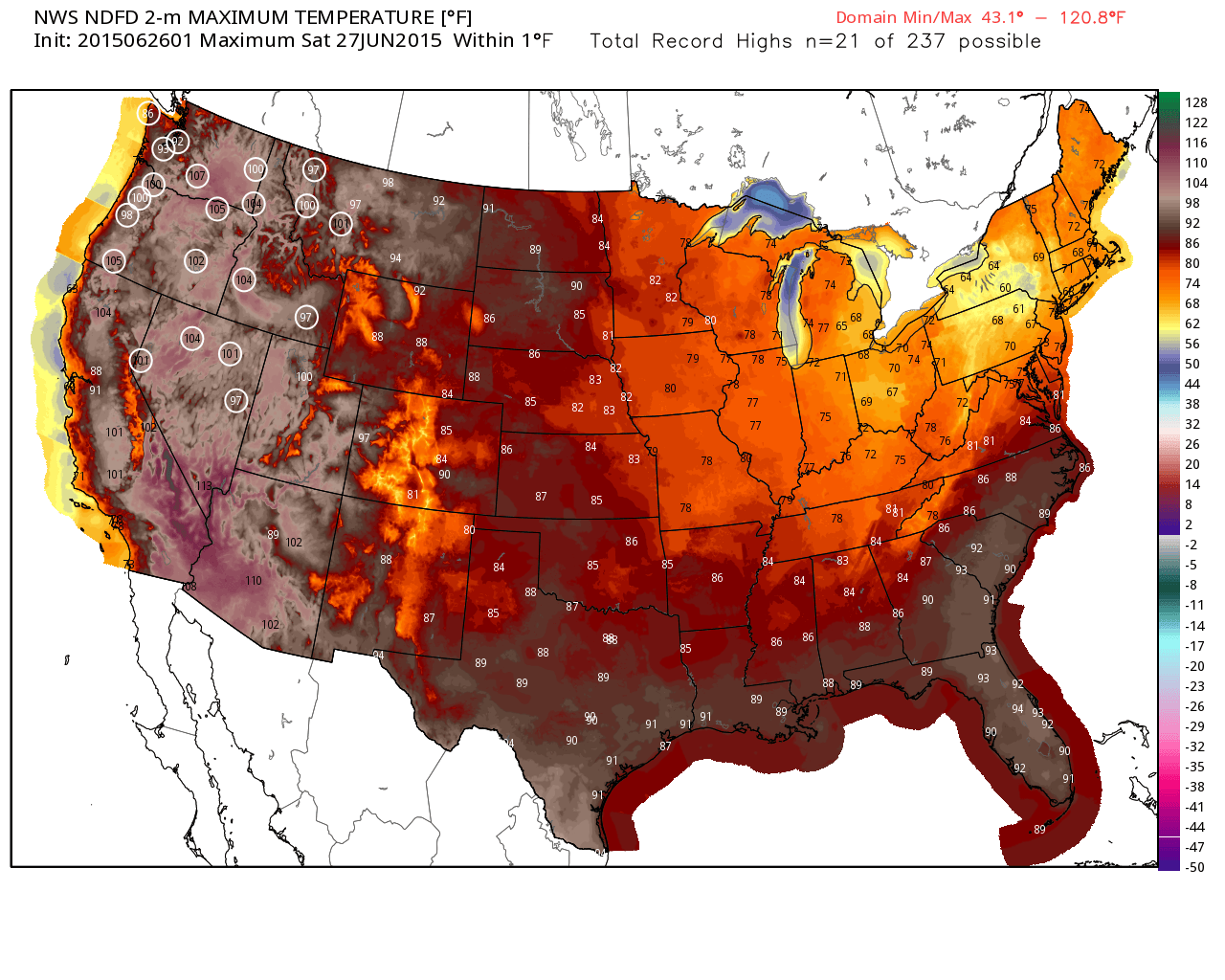 NDFD 2 meter max temperature forecast | WeatherBell Analytics