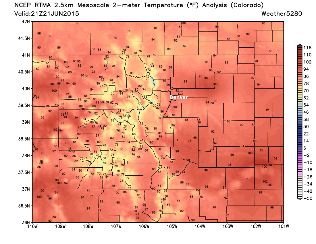 3pm 2-meter temperature analysis Sunday across Colorado | Weather5280 Models