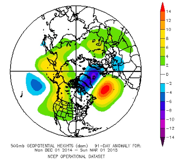 Example of strongly positive winter PDO and geopotential height anomalies | Dec 2014 - Mar 2015