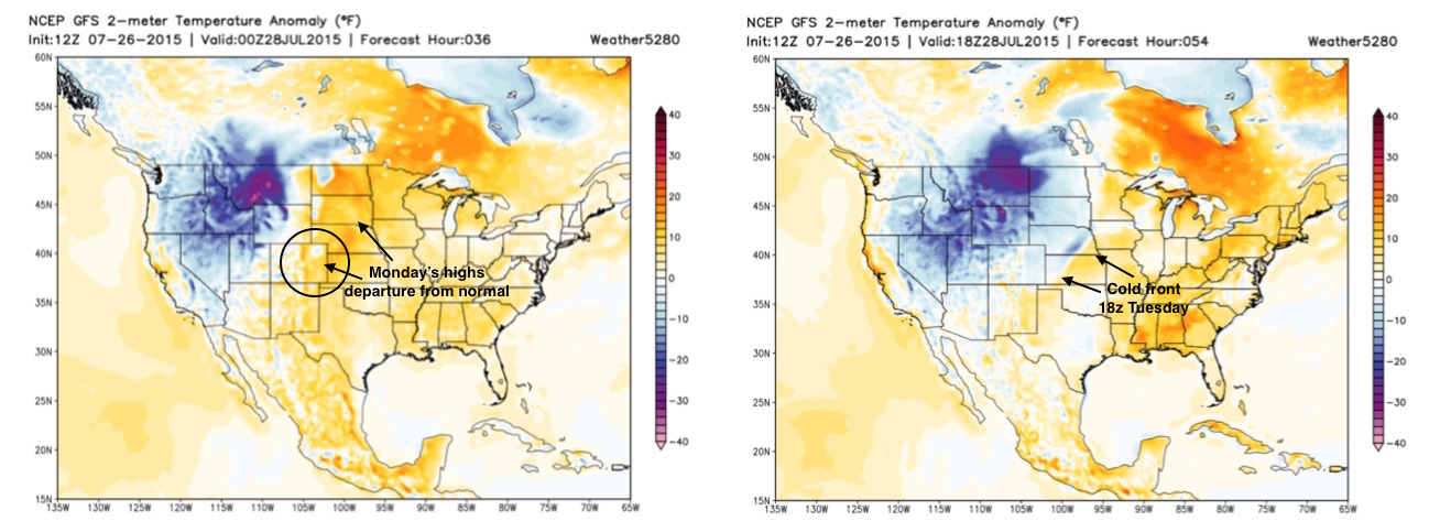 GFS temperature anomaly forecast for Monday and 18z Tuesday