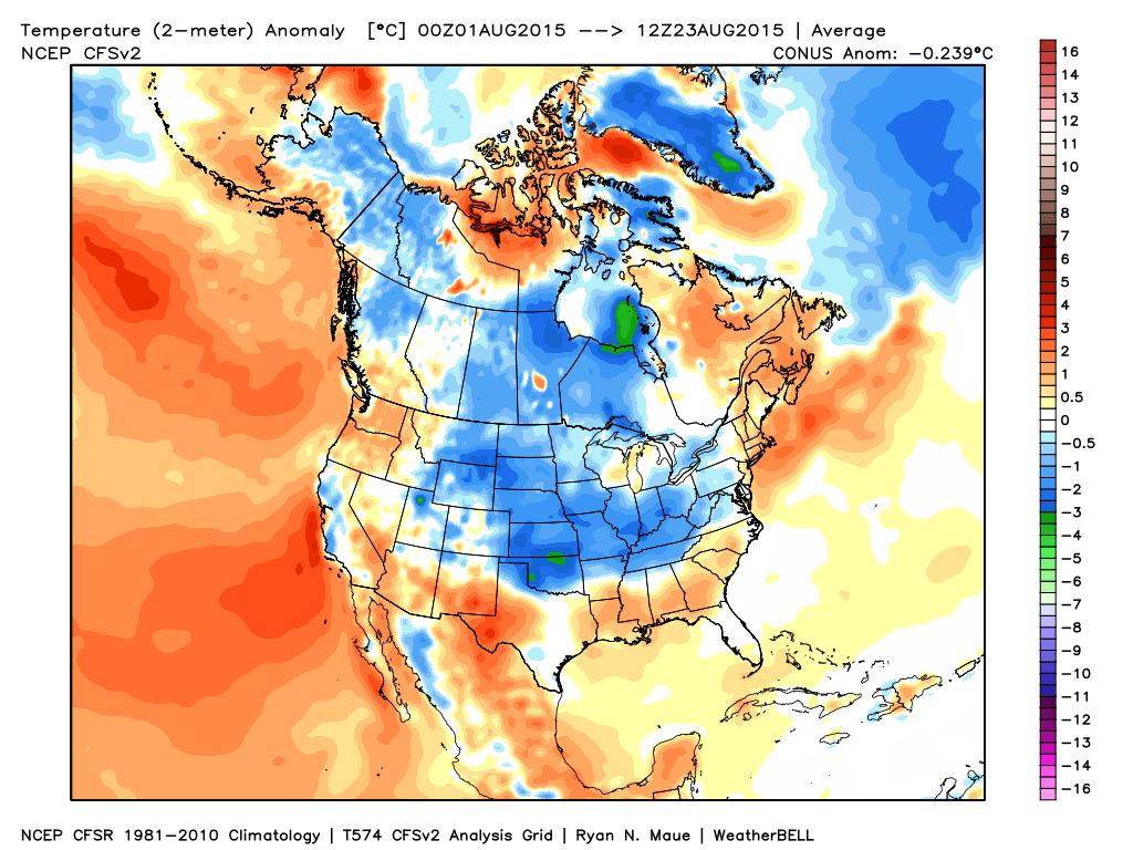 Month to date temperature departures from normal | WeatherBell Analytics