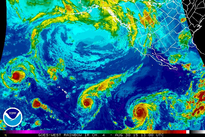 GOES satellite imagery Sunday showing 3 major hurricanes in the Pacific