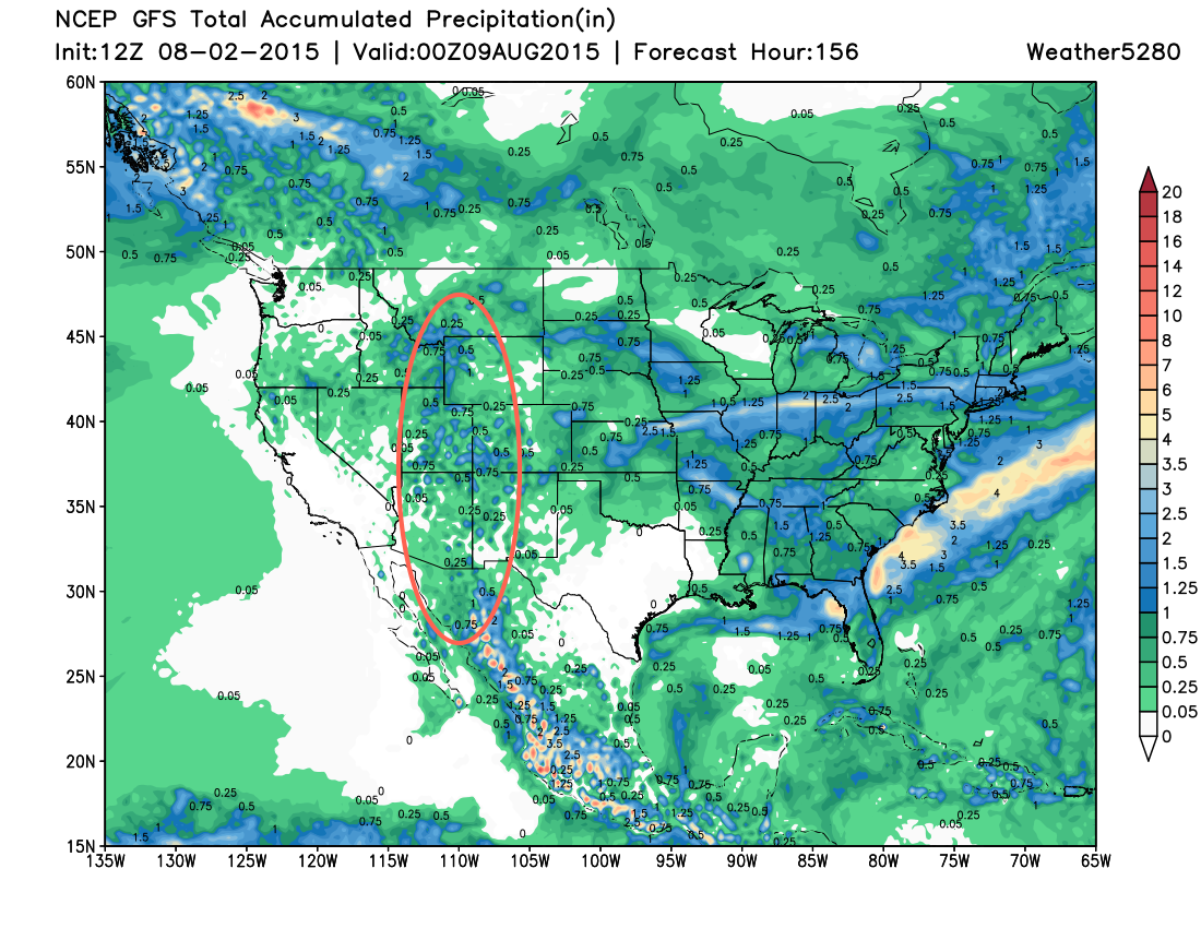 GFS precipitation over the next week with greatest moisture west | Weather5280 Models
