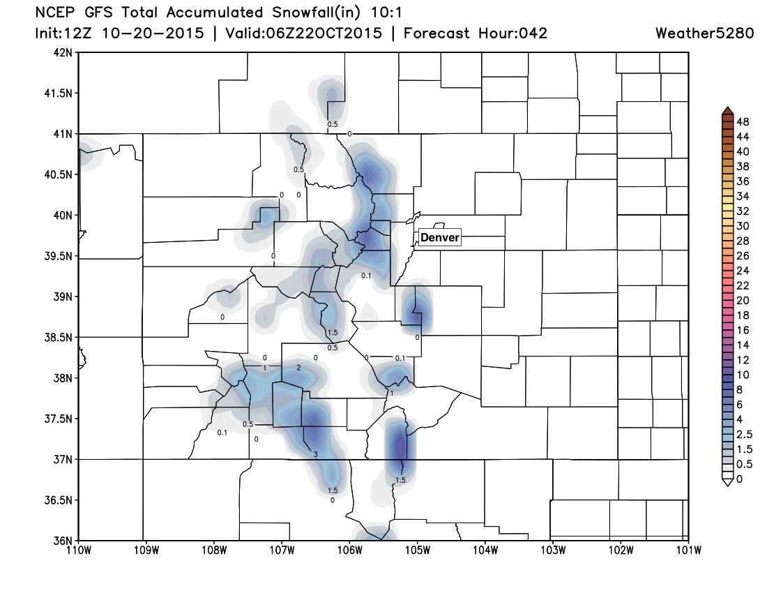 GFS snowfall forecast through Wednesday evening, temperatures will remain too warm for snow in Denver, but there's some nice mountain snow on the way | Weather5280 Models