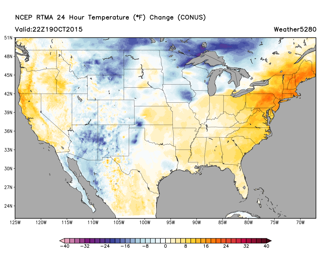 Tuesday afternoon RTMA analysis, much cooler air working into the region as compared to 24 hours ago | Weather5280 Models