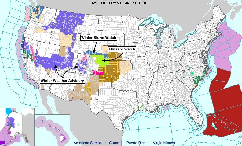 NWS watches / warnings / advisories as of Monday afternoon
