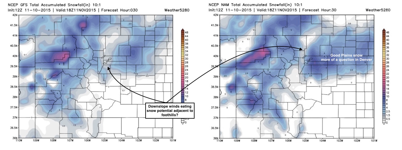 12z GFS (left) snowfall forecast compared to 12z NAM (right). Both show hints of less snow immediately east of the foothills, then more snow again east of I-25 | Weather5280 Models
