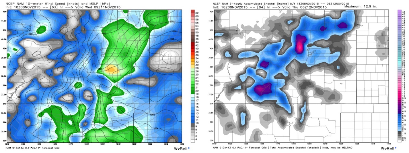 NAM 10m wind 09z Wed (left) and 18z snowfall forecast through Wed | WeatherBell Analytics