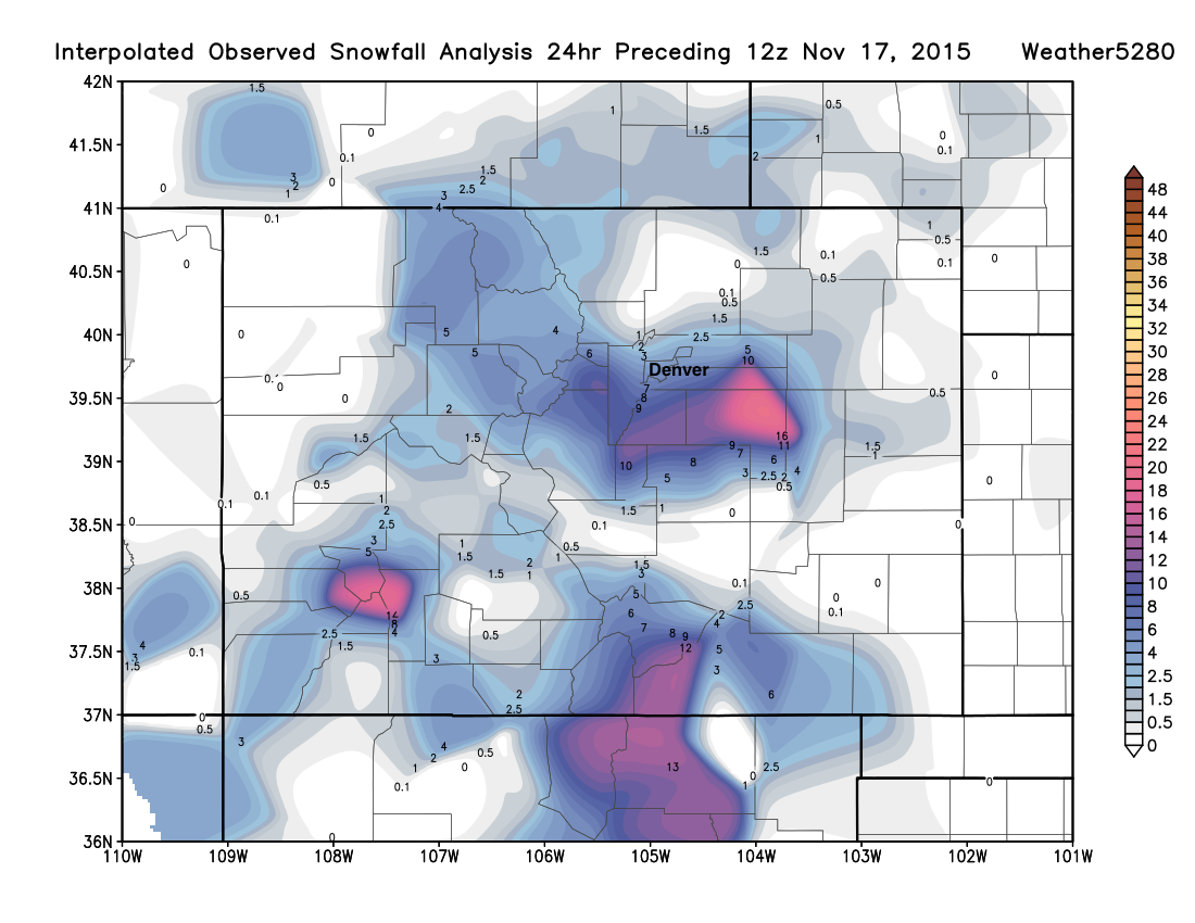Interpolated observed snowfall analysis, prior to 12z this morning | Weather5280 Models