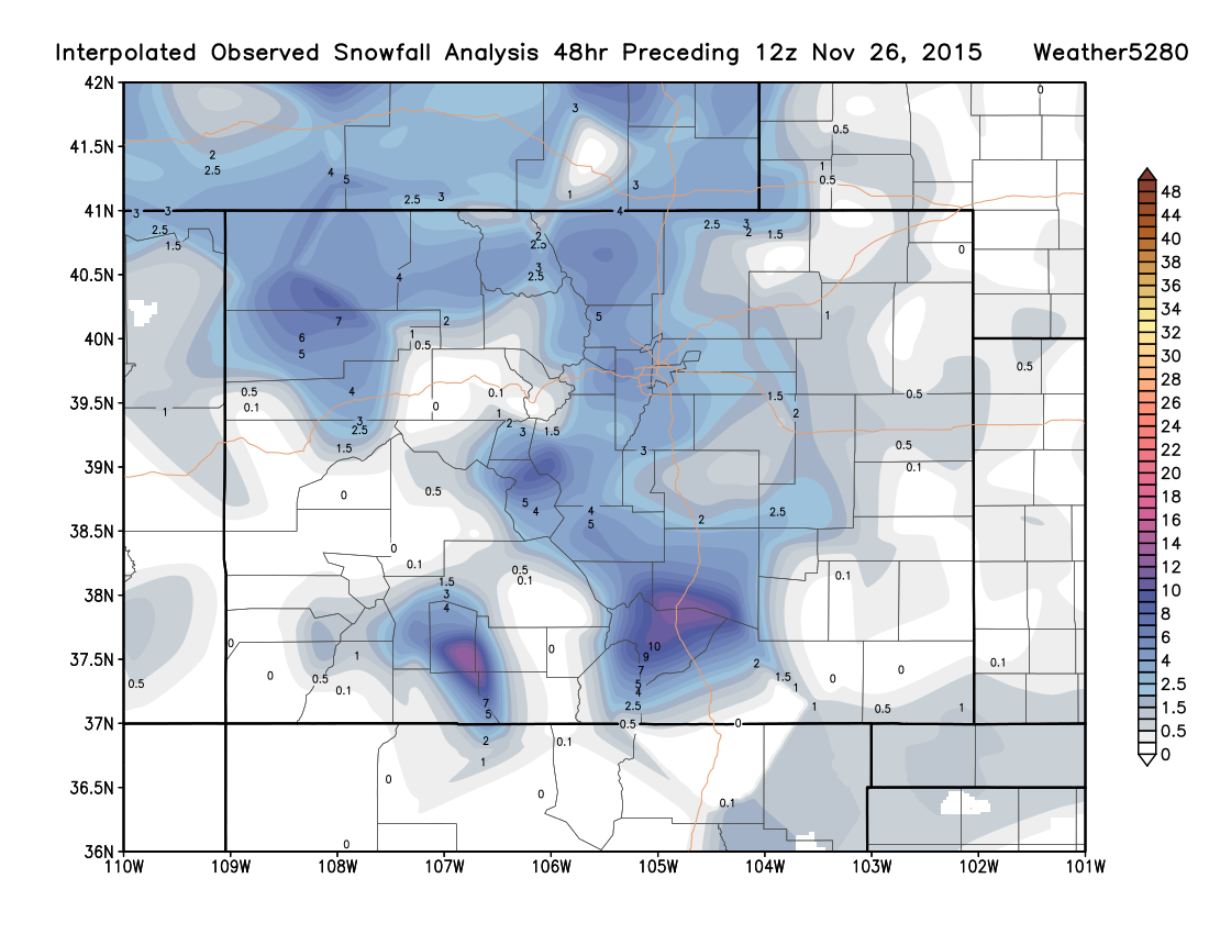 Interpolated snowfall totals Colorado | 11.26.2015 | Weather5280 Models