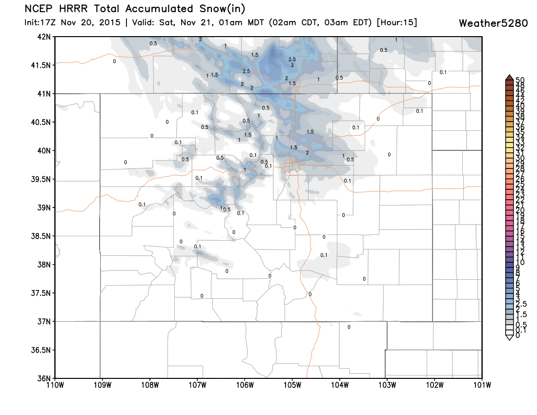 Latest HRRR shows a couple of these potential streaks of snow stretching northwest to southeast, mainly north of Denver | Weather5280