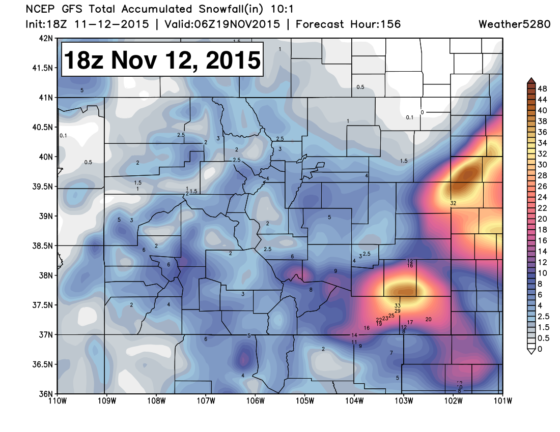 GFS snowfall forecast EXAMPLE | Weather5280 Models