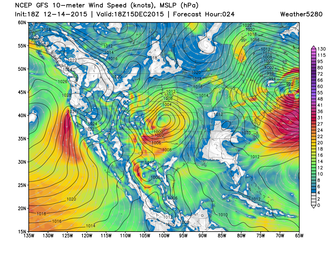 10 meter wind forecast for Tuesday means gusty day with snow and reduced visibility across northeast Colorado