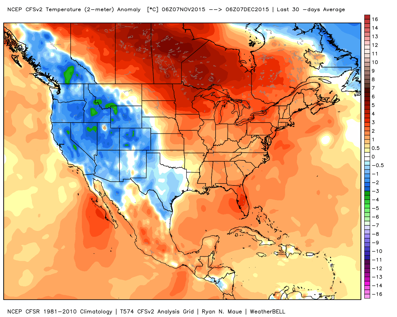 Temperature departures from normal Nov 7 - Dec 7, 2015 | WeatherBell Analytics