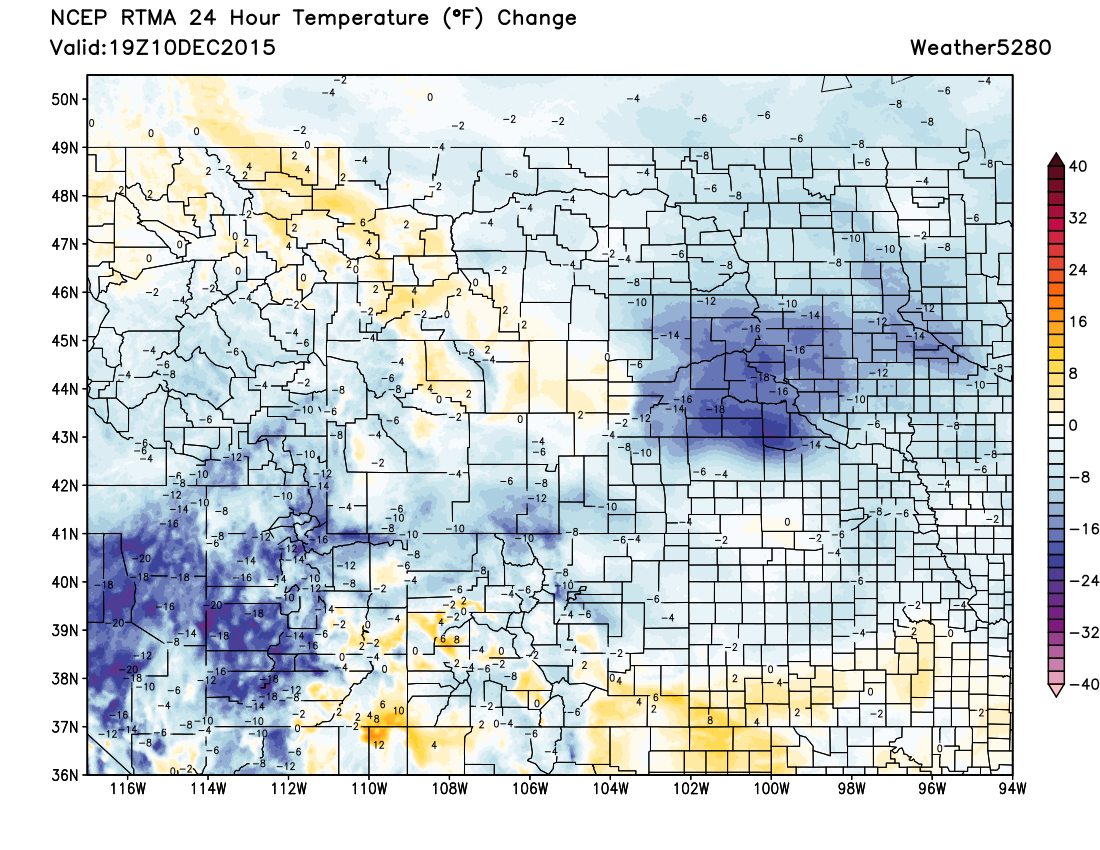 RTMA temperature analysis showing 24 hour temperature changes early Friday afternoon | Weather5280 Models